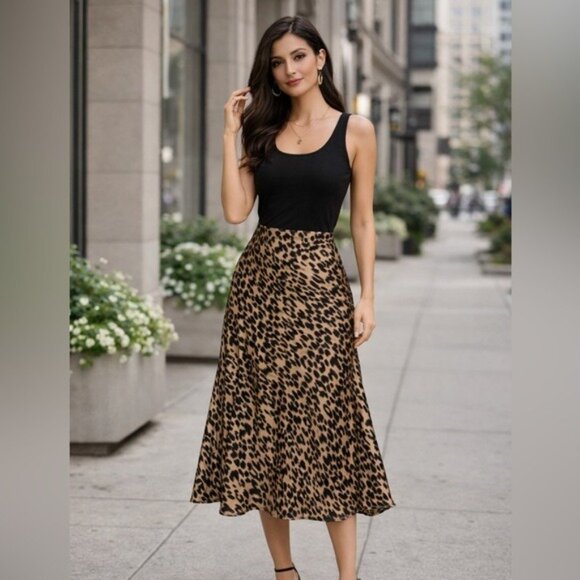 Sienna Sky Satin Leopard Print Midi Skirt Animal Print Medium - Picture 10 of 10